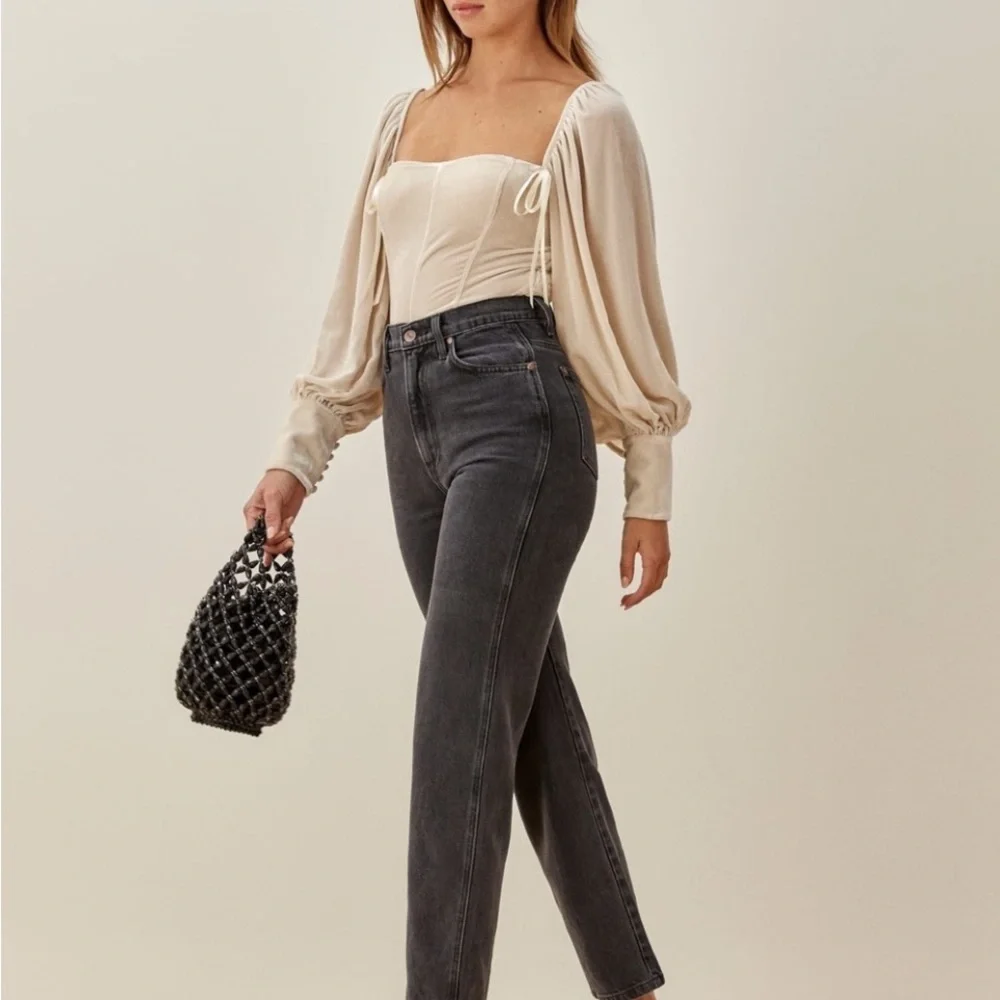 Reformation Julietta Cream Square-Neck Puff-Sleeve Velvet Corset Top